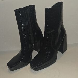 Princess Polly Glossy Black Croc Heeled Boots